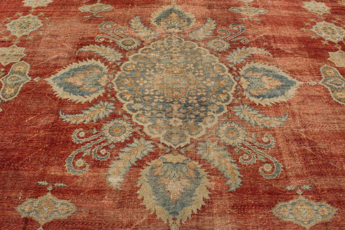 13x17 Red and Light Blue Turkish Oushak Rug