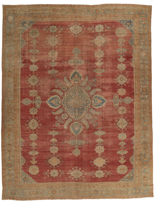 13x17 Red and Light Blue Turkish Oushak Rug