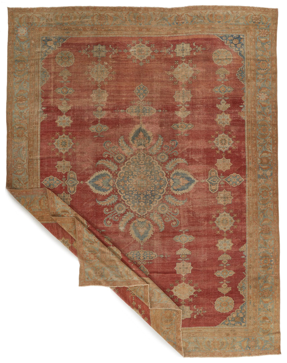 13x17 Red and Light Blue Turkish Oushak Rug