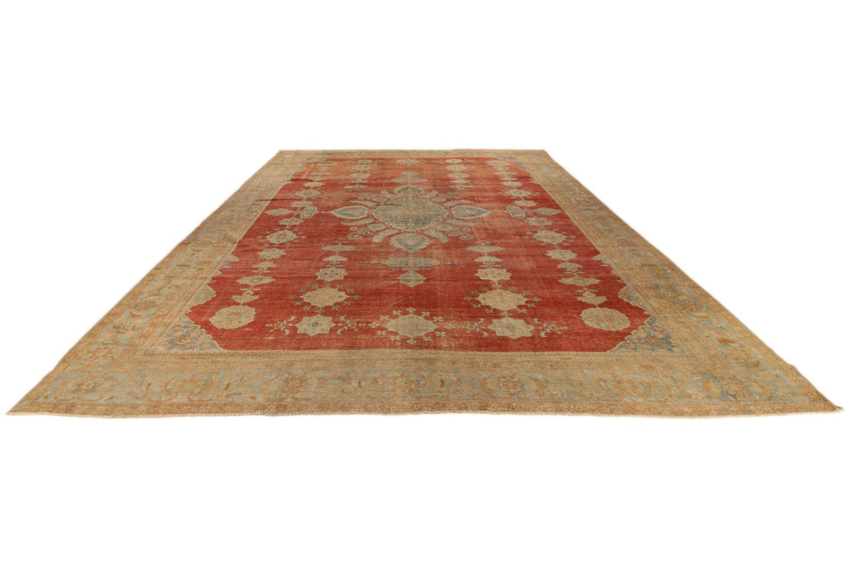 13x17 Red and Light Blue Turkish Oushak Rug