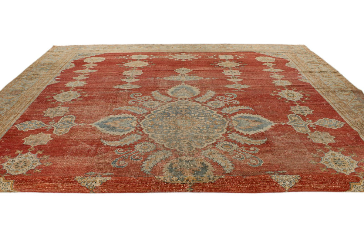 13x17 Red and Light Blue Turkish Oushak Rug