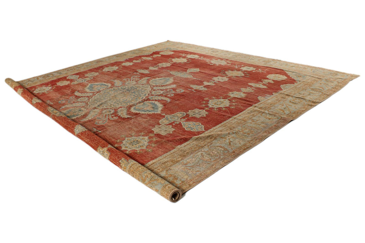 13x17 Red and Light Blue Turkish Oushak Rug