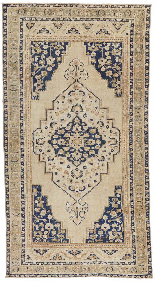 5x10 Ivory and Blue Turkish Tribal Runner