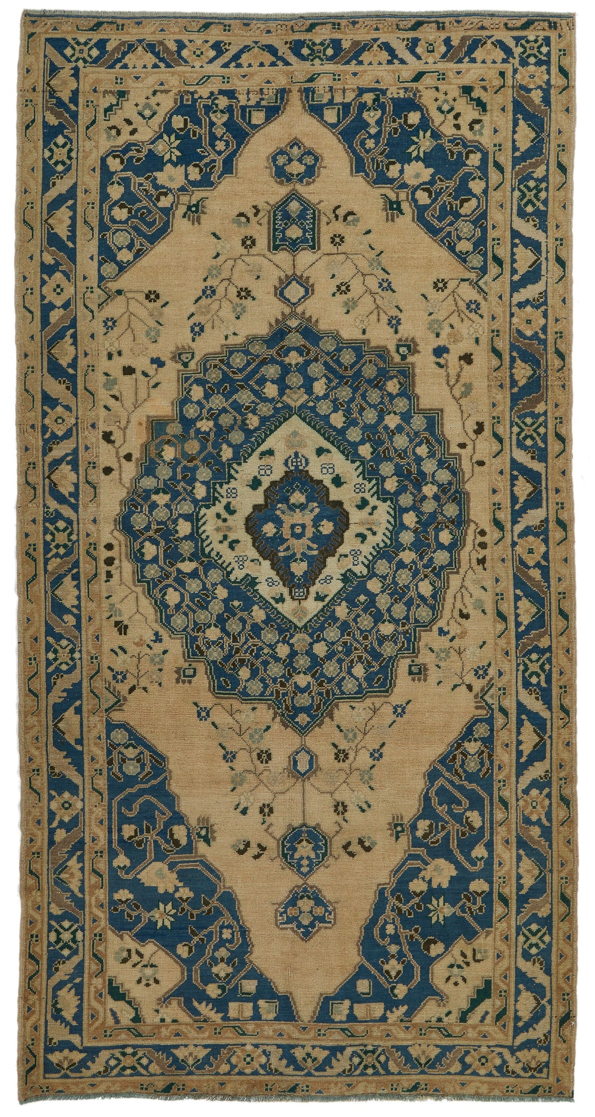 5x10 Blue and Ivory Turkish Tribal Rug