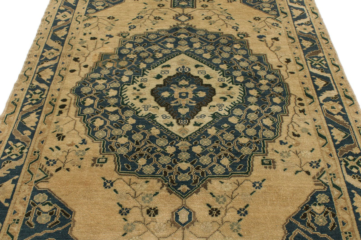 5x10 Blue and Ivory Turkish Tribal Rug