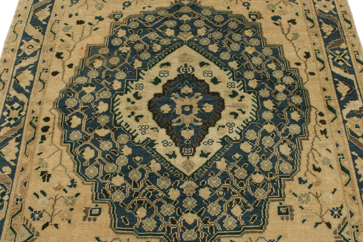 5x10 Blue and Ivory Turkish Tribal Rug