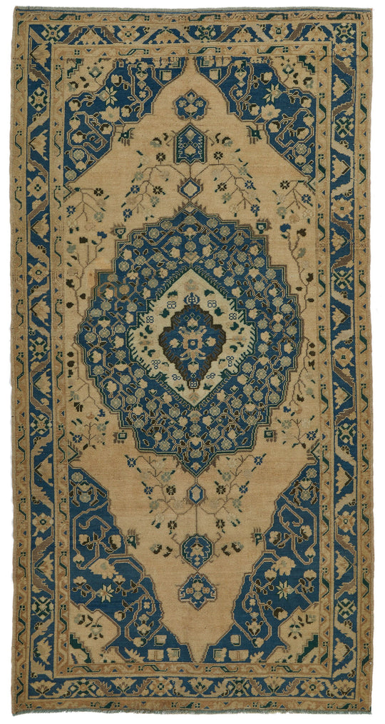 5x10 Blue and Ivory Turkish Tribal Rug