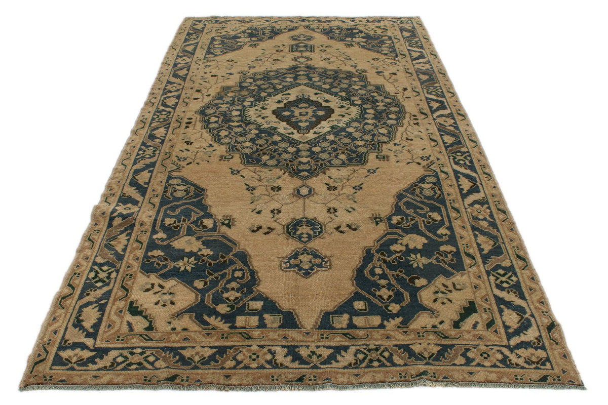5x10 Blue and Ivory Turkish Tribal Rug