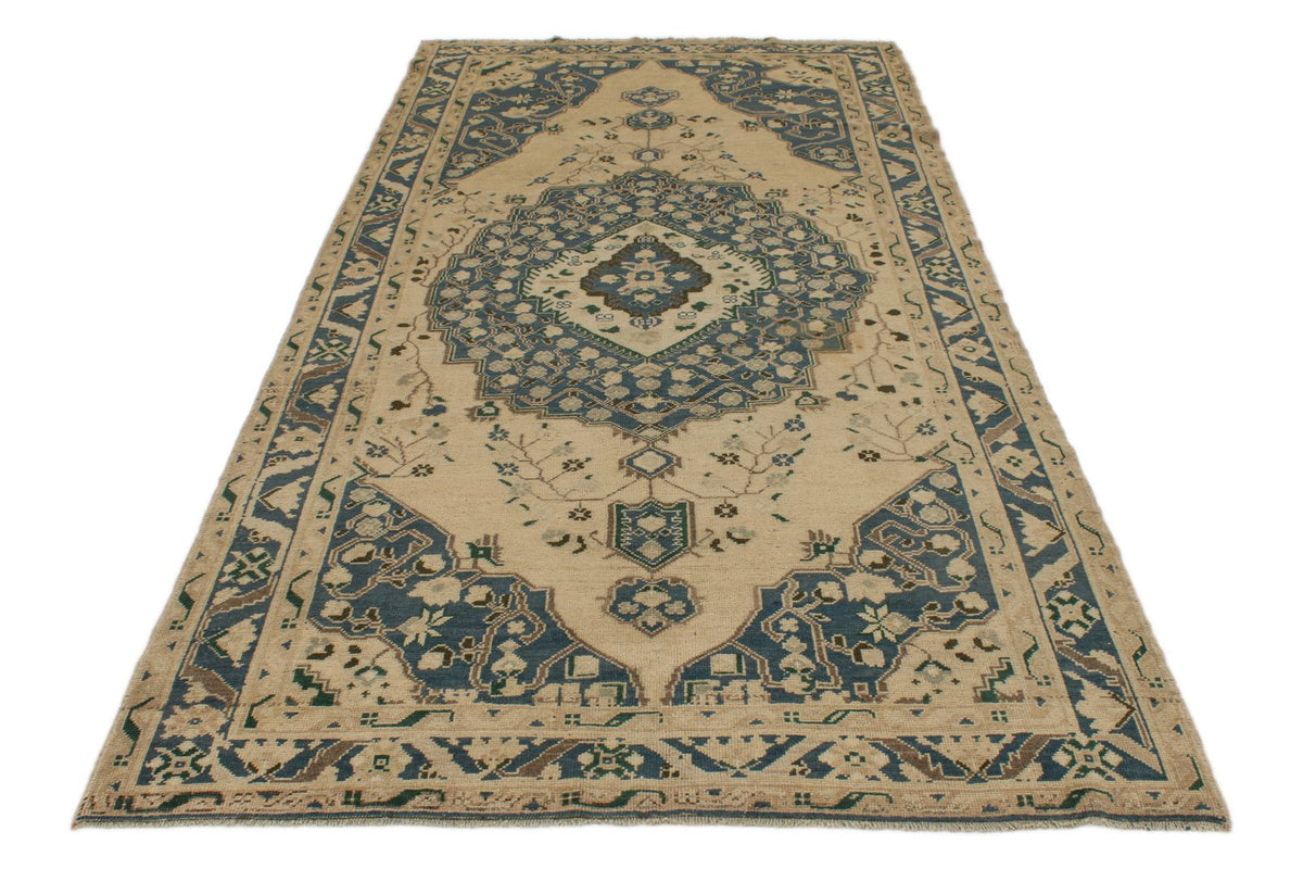 5x10 Blue and Ivory Turkish Tribal Rug
