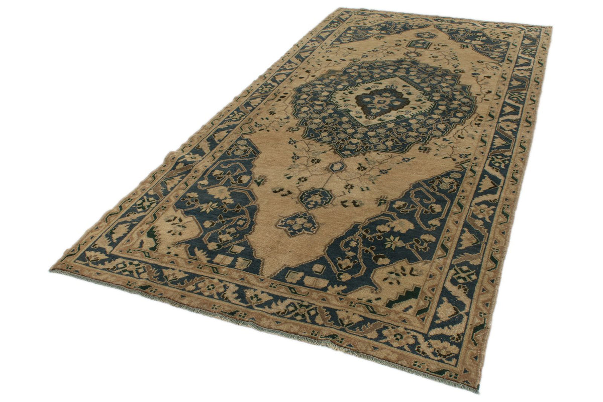 5x10 Blue and Ivory Turkish Tribal Rug