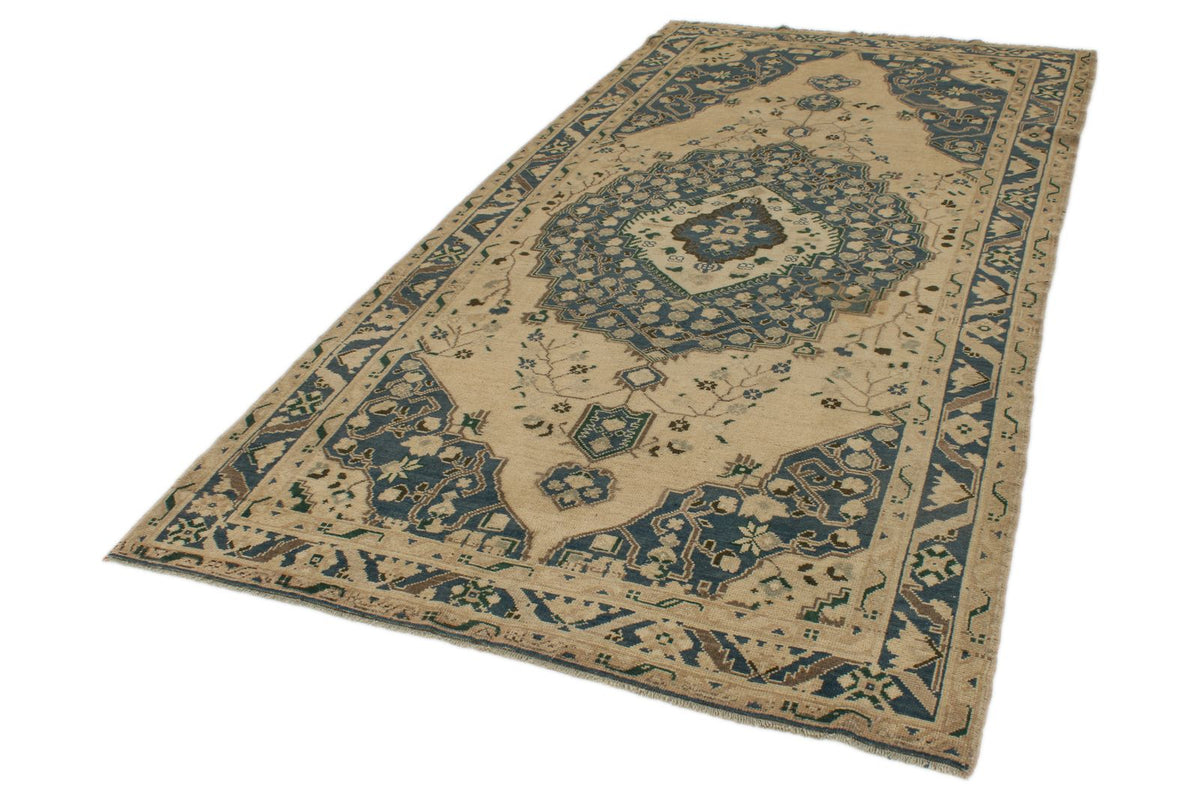 5x10 Blue and Ivory Turkish Tribal Rug