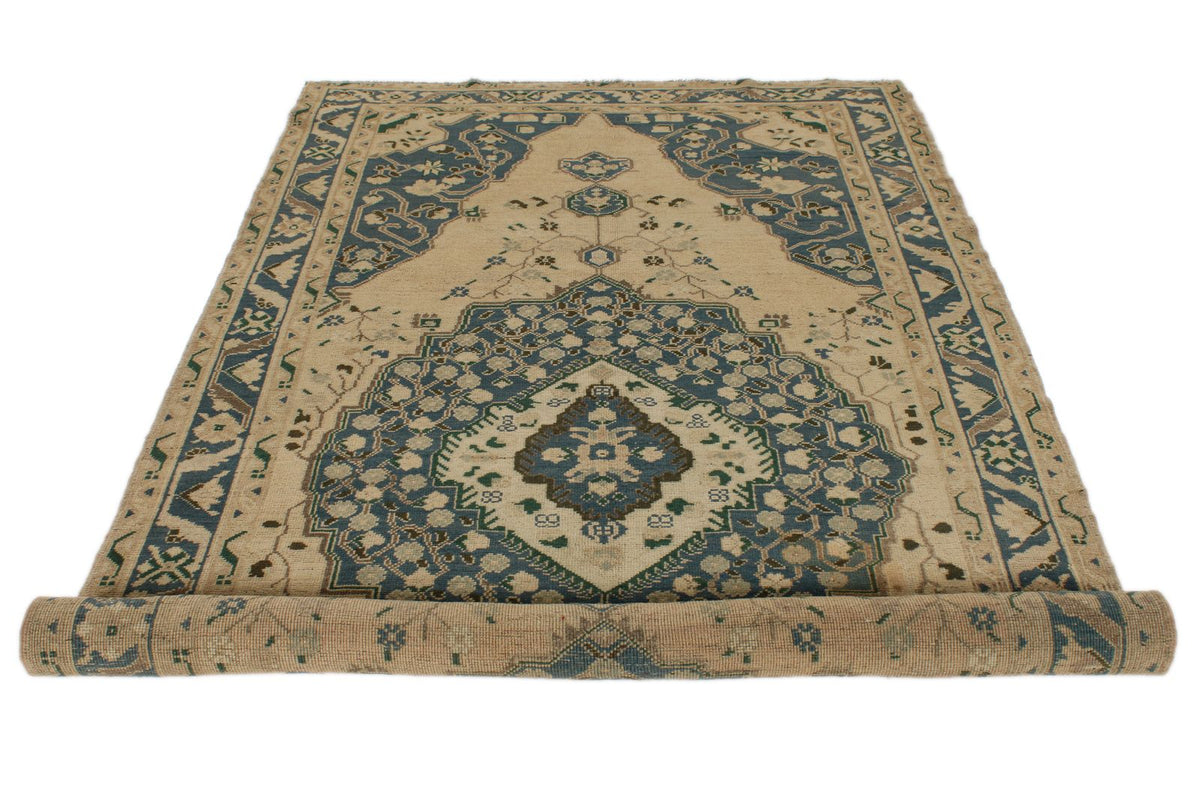5x10 Blue and Ivory Turkish Tribal Rug