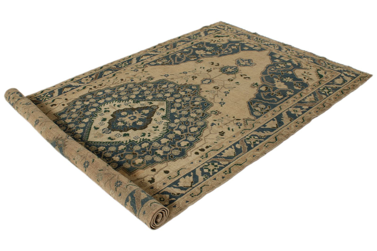 5x10 Blue and Ivory Turkish Tribal Rug