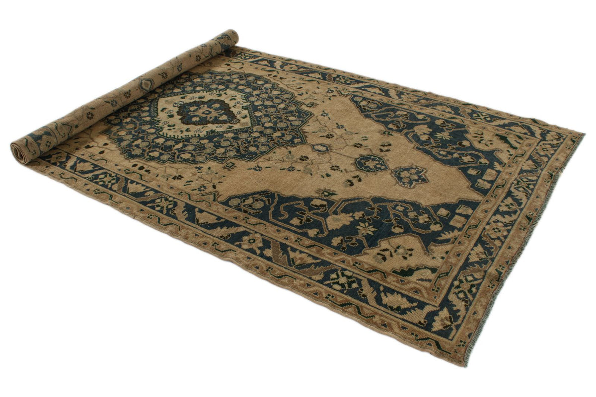 5x10 Blue and Ivory Turkish Tribal Rug