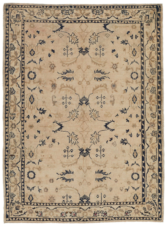 4x6 Ivory and Blue Turkish Tribal Rug