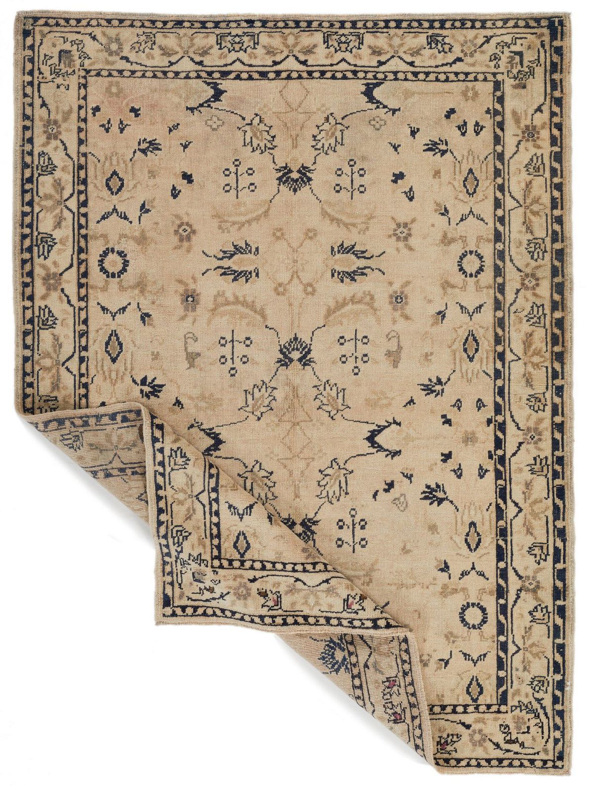 4x6 Ivory and Blue Turkish Tribal Rug