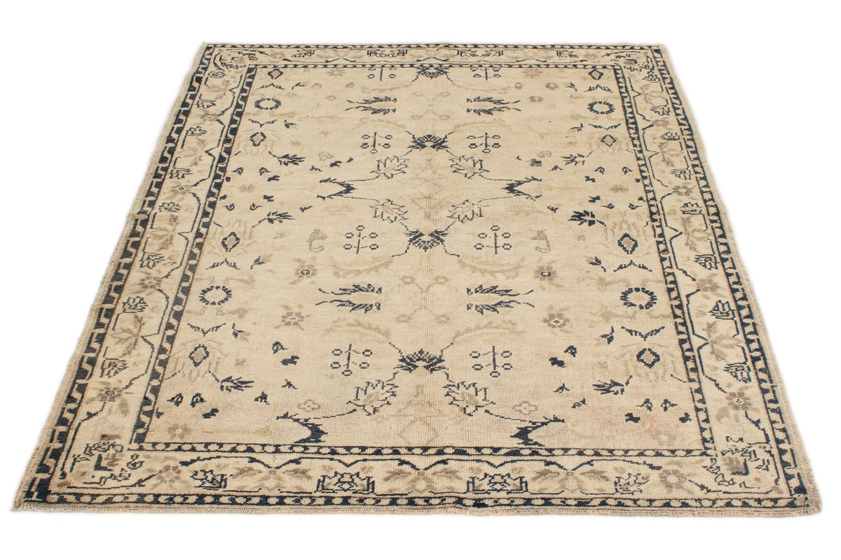 4x6 Ivory and Blue Turkish Tribal Rug