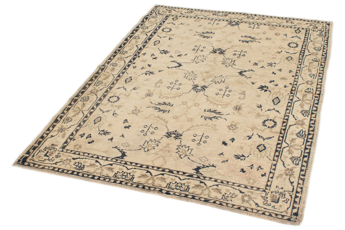 4x6 Ivory and Blue Turkish Tribal Rug