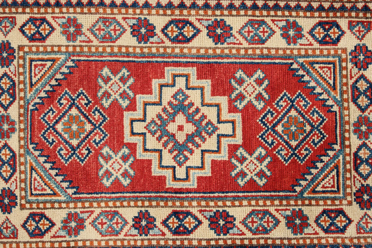 2x3 Red and Ivory Kazak Tribal Rug