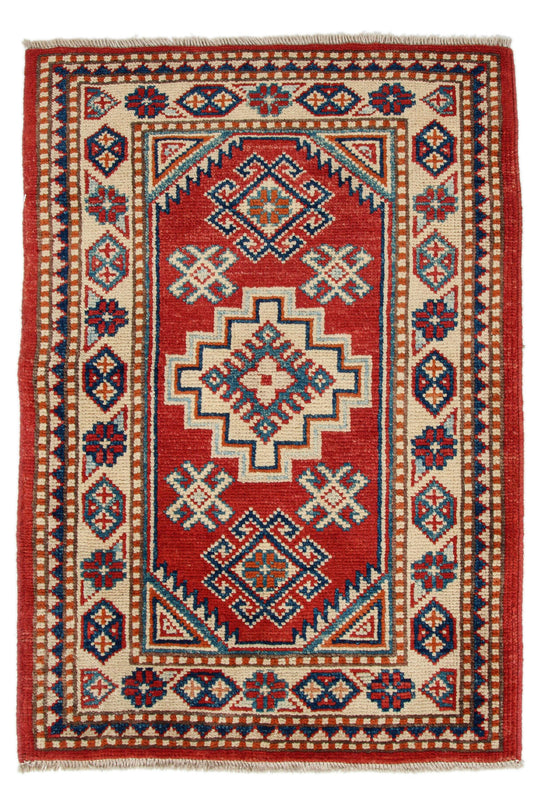2x3 Red and Ivory Kazak Tribal Rug