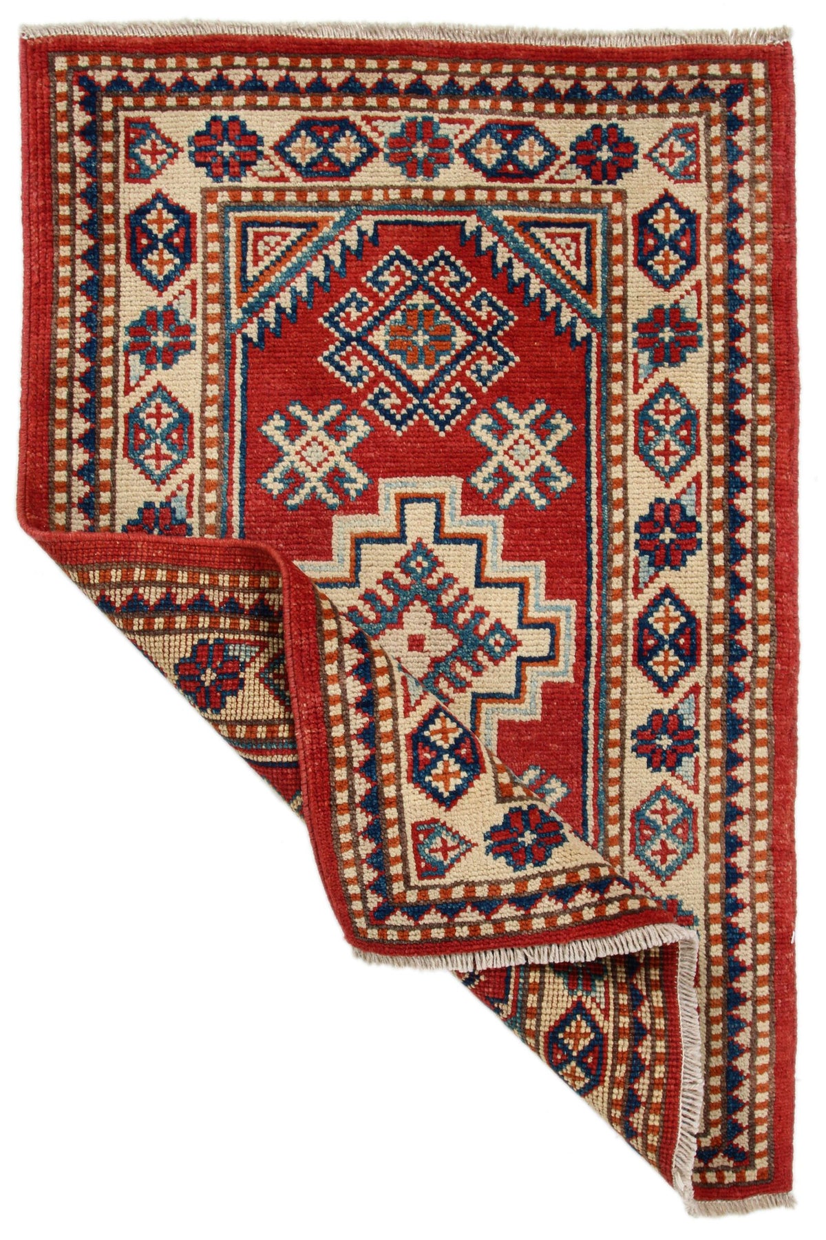 2x3 Red and Ivory Kazak Tribal Rug