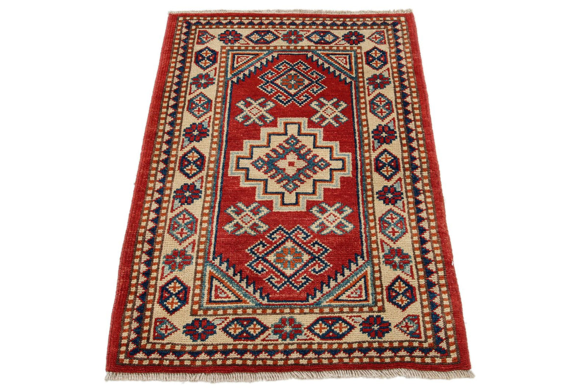 2x3 Red and Ivory Kazak Tribal Rug