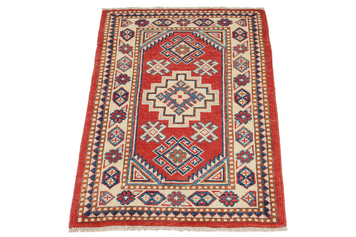 2x3 Red and Ivory Kazak Tribal Rug