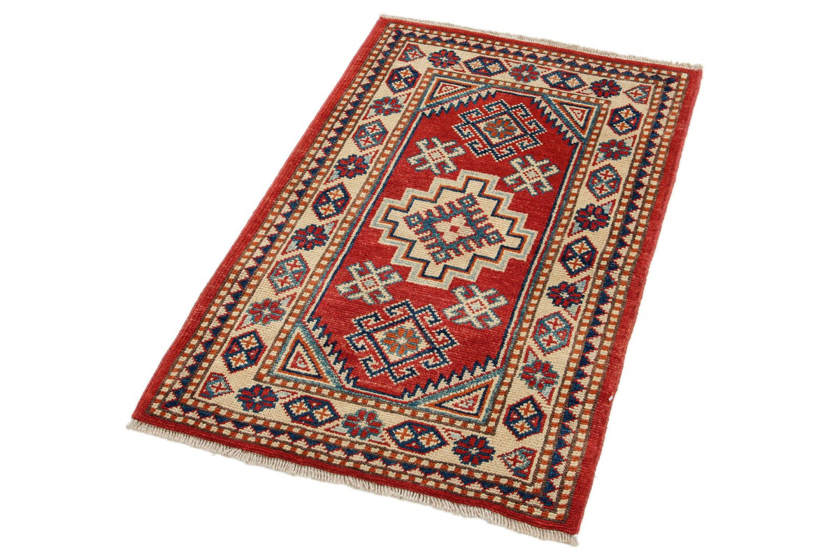 2x3 Red and Ivory Kazak Tribal Rug