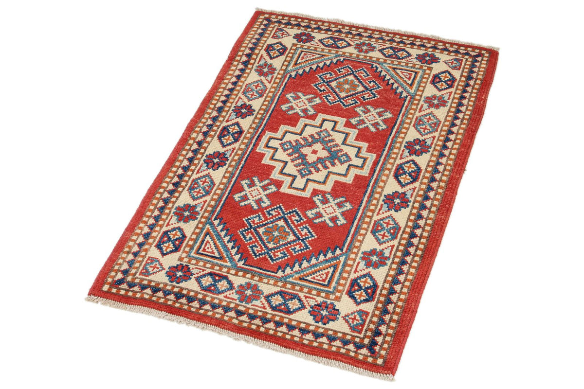 2x3 Red and Ivory Kazak Tribal Rug