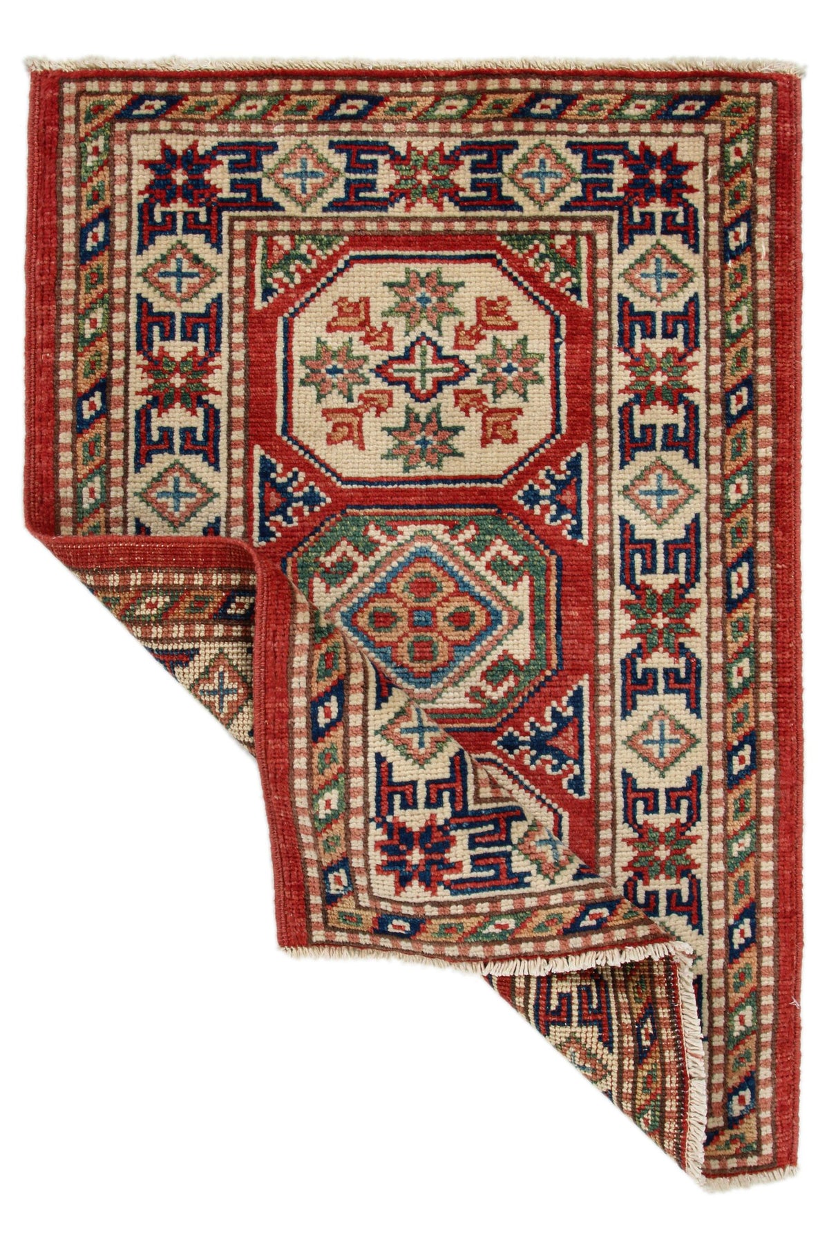 2x3 Red and Ivory Kazak Tribal Rug