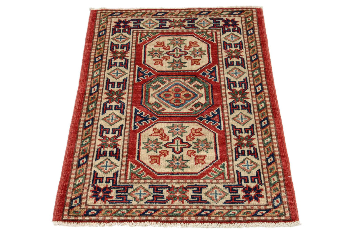 2x3 Red and Ivory Kazak Tribal Rug