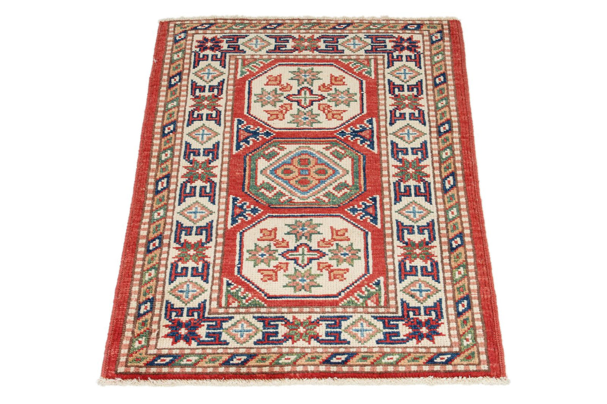 2x3 Red and Ivory Kazak Tribal Rug