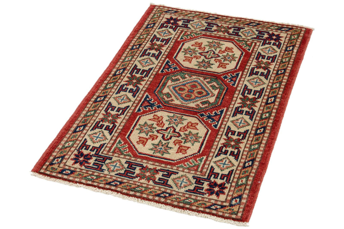 2x3 Red and Ivory Kazak Tribal Rug