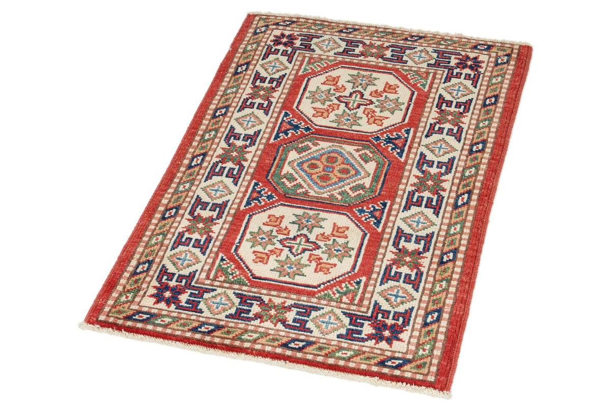 2x3 Red and Ivory Kazak Tribal Rug