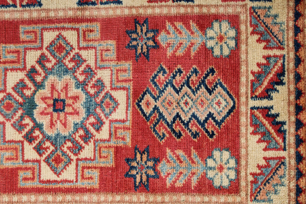 2x3 Red and Ivory Kazak Tribal Rug