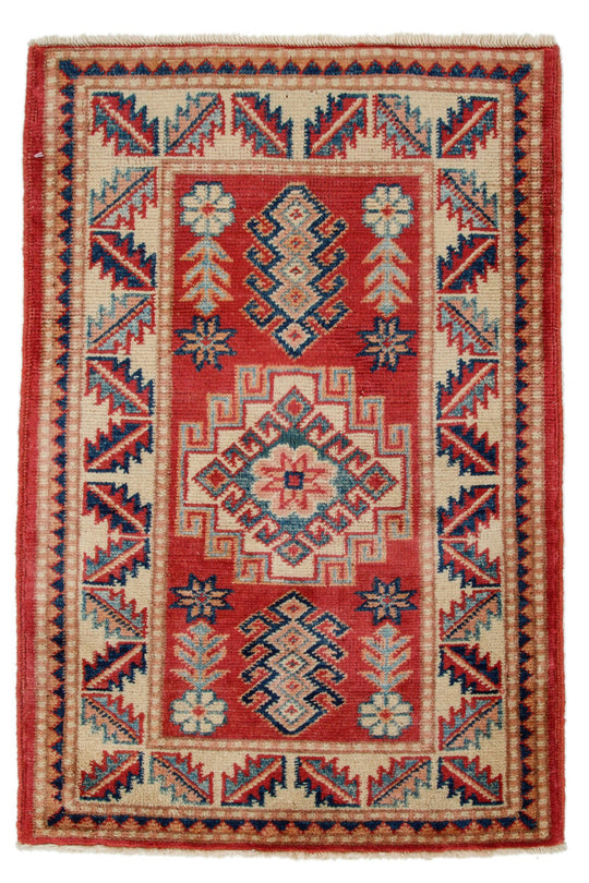2x3 Red and Ivory Kazak Tribal Rug