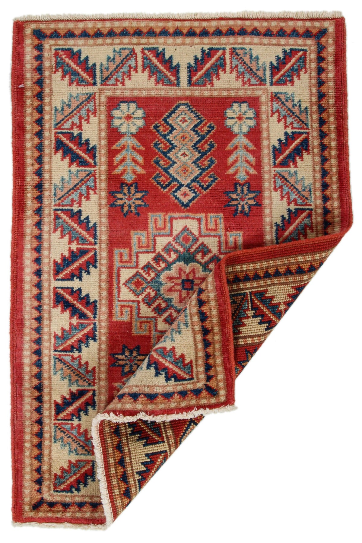 2x3 Red and Ivory Kazak Tribal Rug