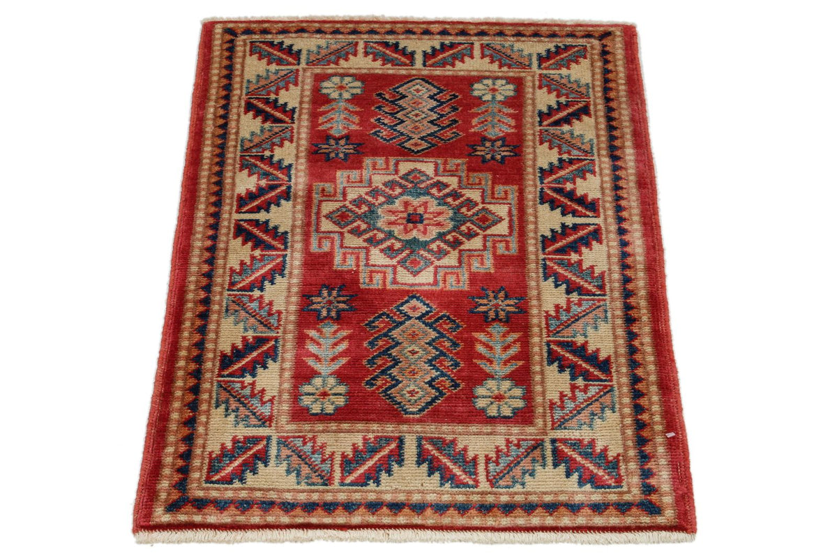 2x3 Red and Ivory Kazak Tribal Rug