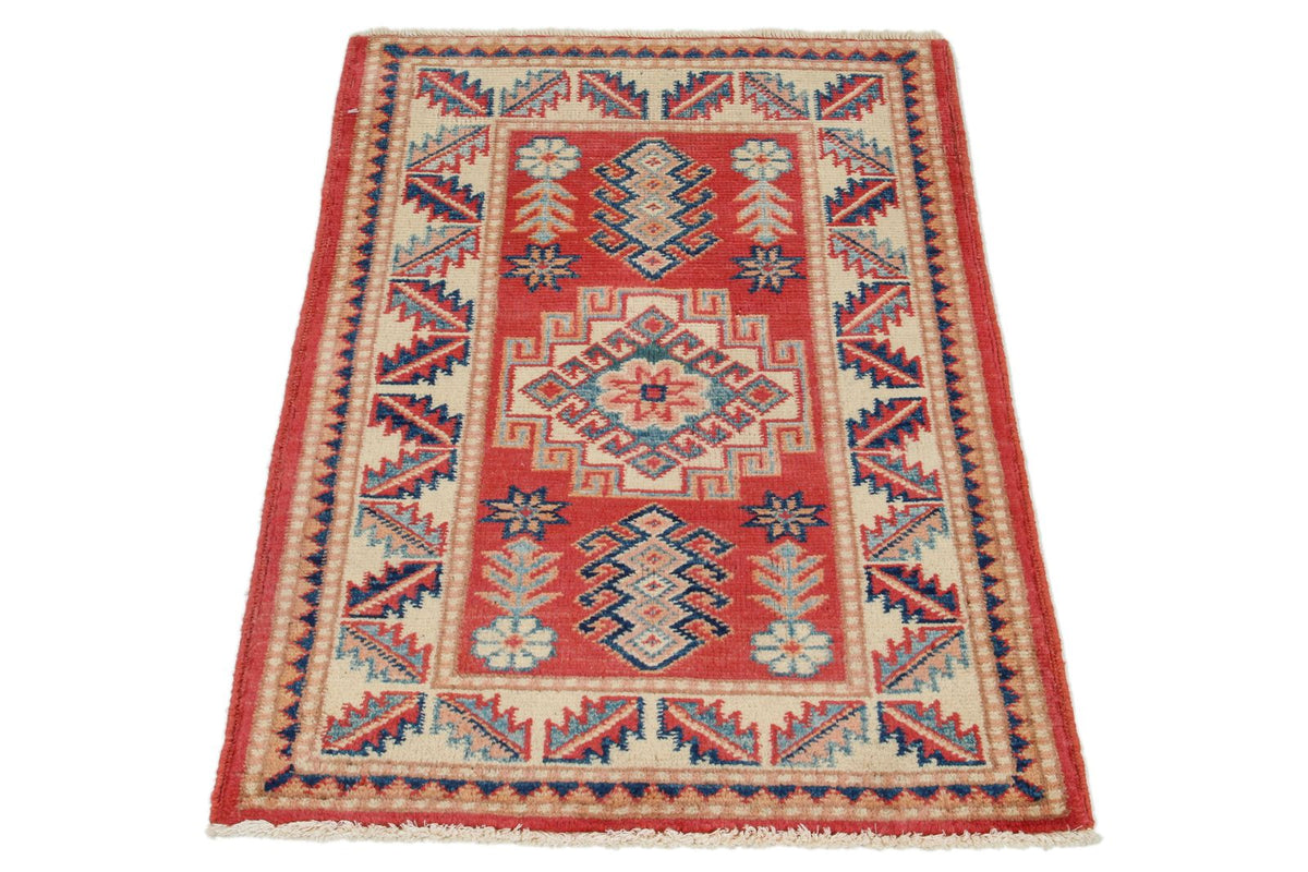 2x3 Red and Ivory Kazak Tribal Rug
