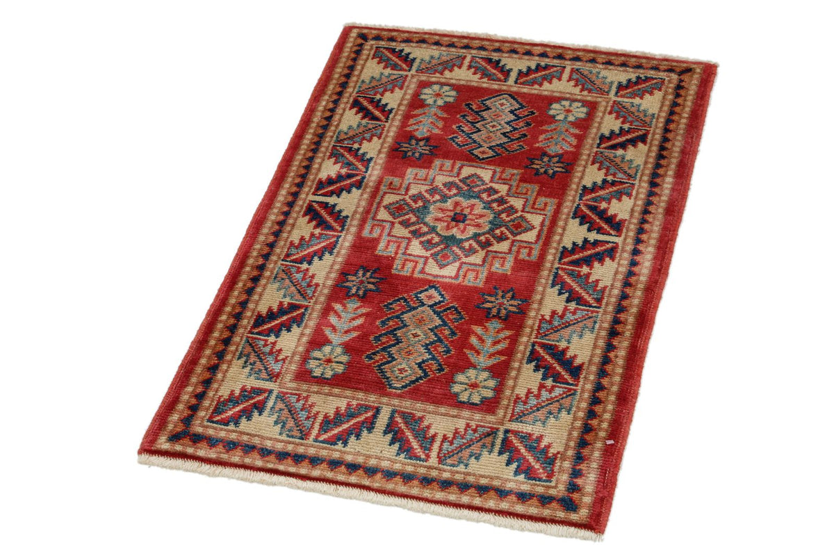 2x3 Red and Ivory Kazak Tribal Rug