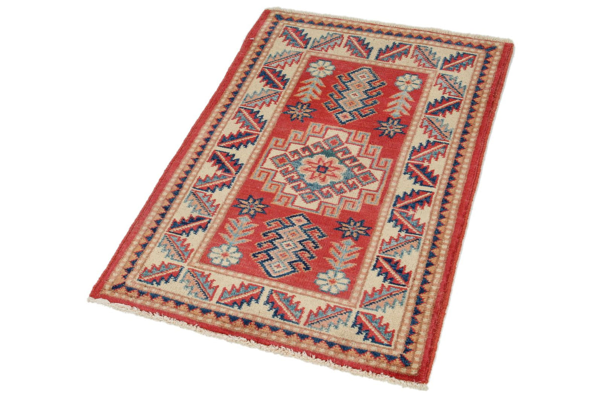2x3 Red and Ivory Kazak Tribal Rug