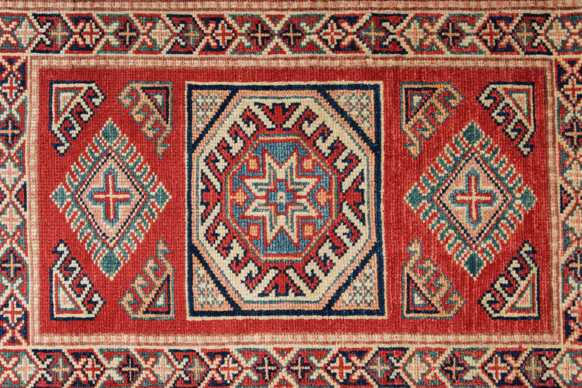 2x3 Red and Ivory Kazak Tribal Rug