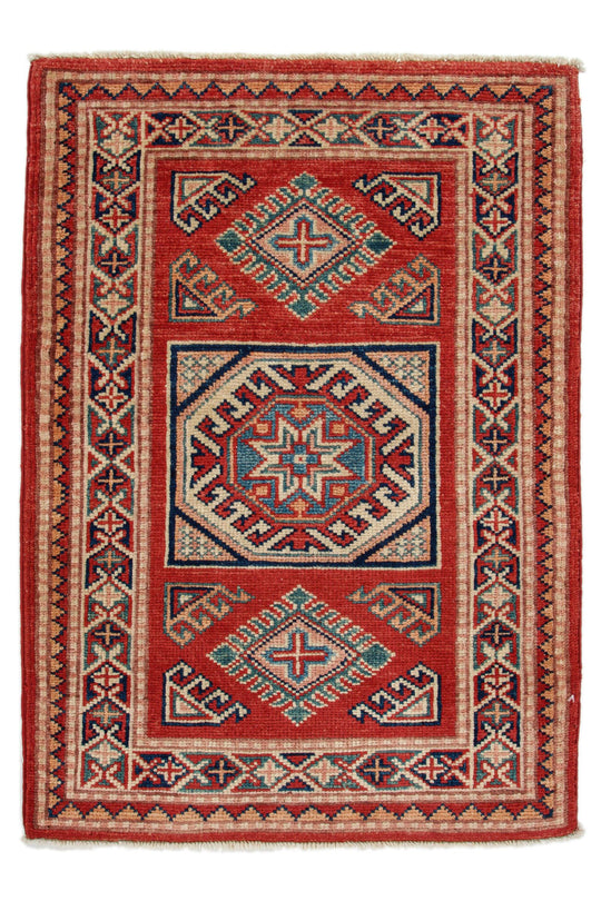 2x3 Red and Ivory Kazak Tribal Rug