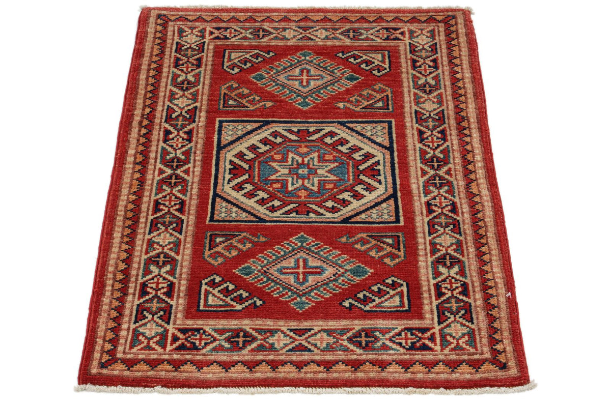2x3 Red and Ivory Kazak Tribal Rug