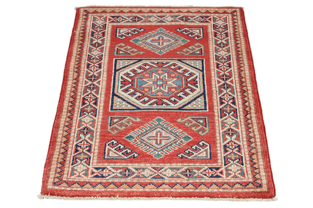 2x3 Red and Ivory Kazak Tribal Rug