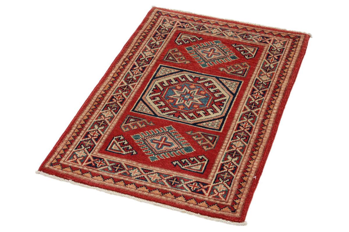 2x3 Red and Ivory Kazak Tribal Rug