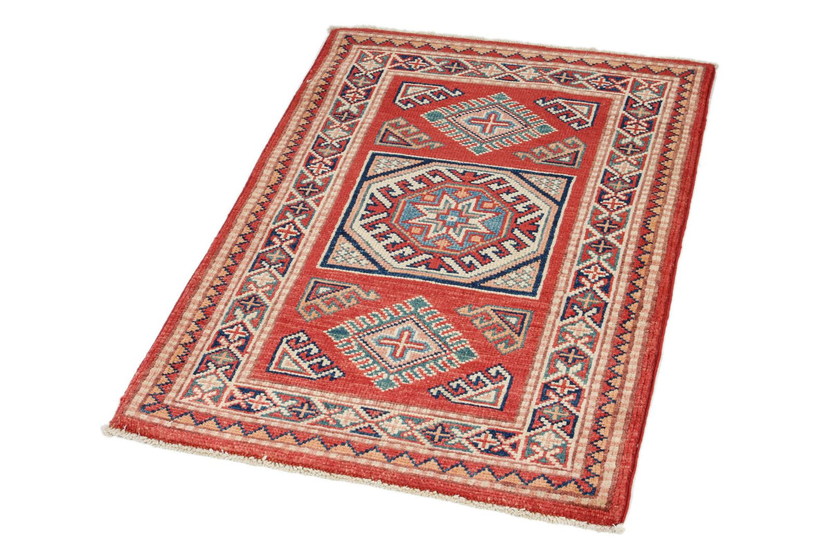 2x3 Red and Ivory Kazak Tribal Rug