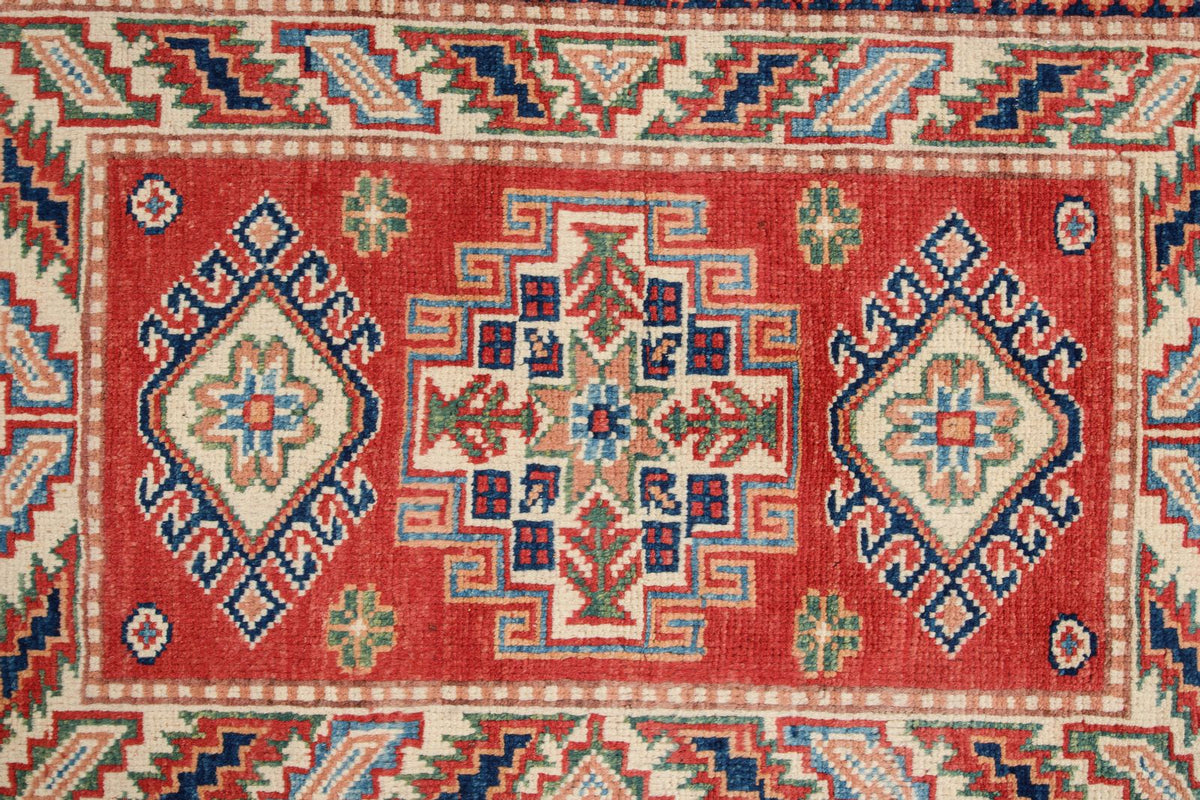 2x3 Red and Ivory Kazak Tribal Rug