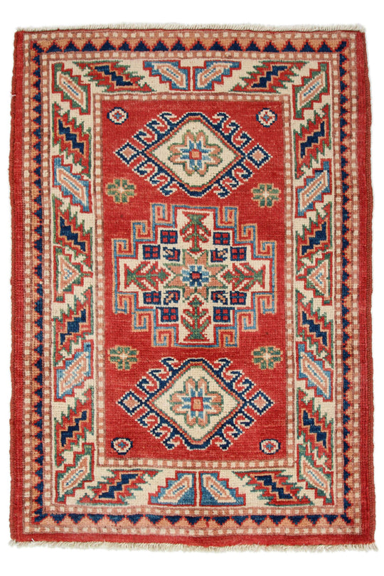 2x3 Red and Ivory Kazak Tribal Rug