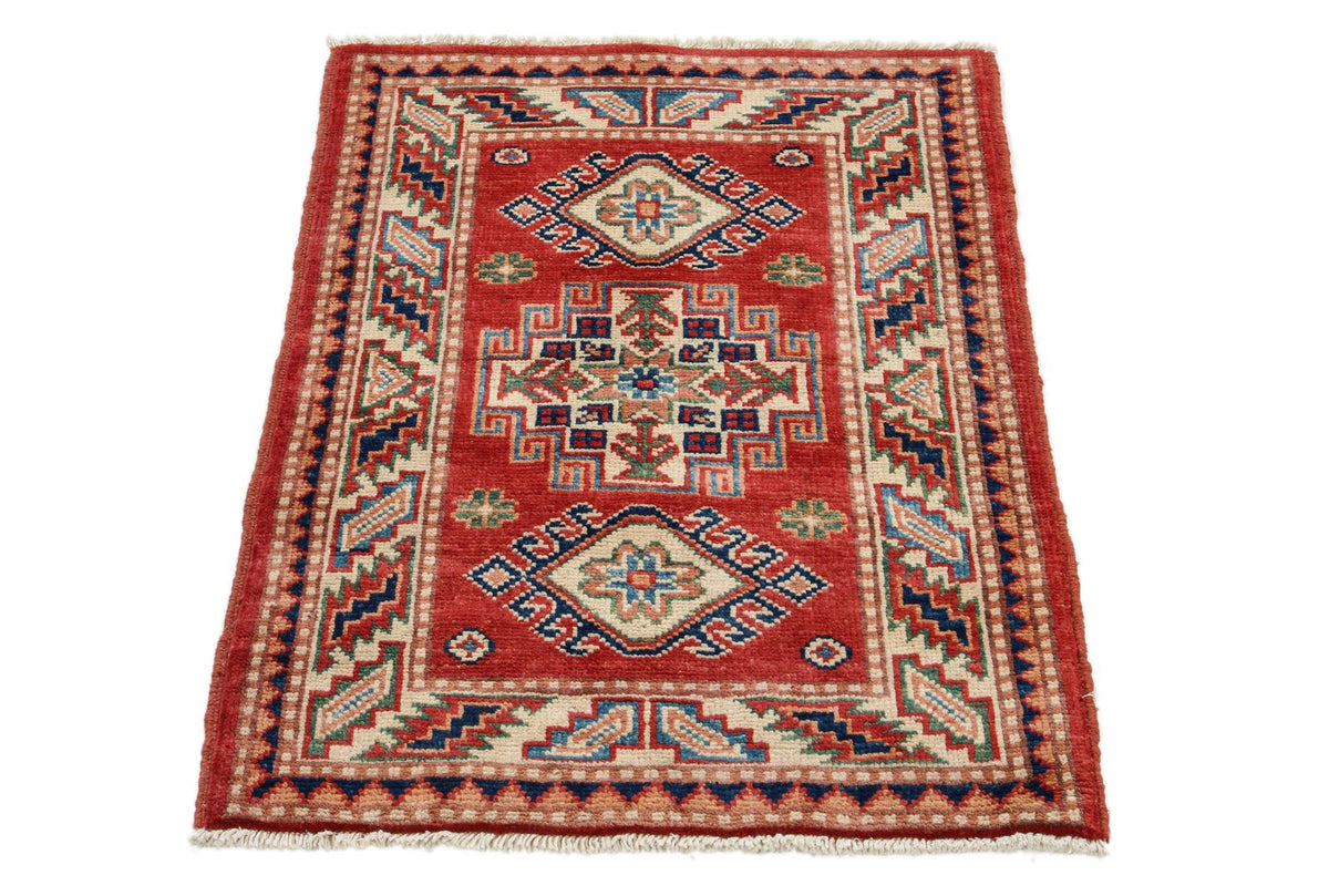2x3 Red and Ivory Kazak Tribal Rug